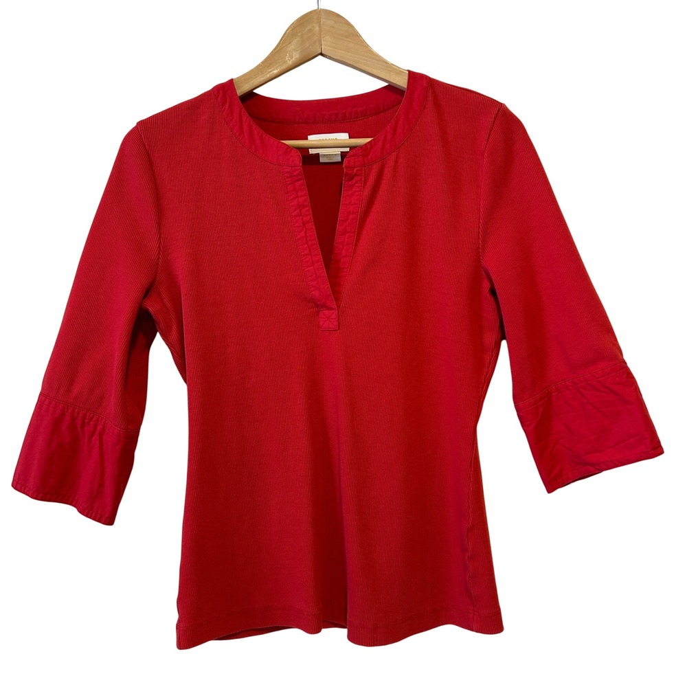 Maeve Anthropologie Top Size M Red Ribbed Split Neck Button Cuff French Girl